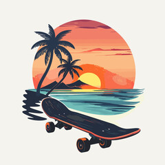 Wall Mural - A skateboard is on a beach near a palm tree