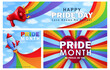 Pride Month greeting cards with 3d cartoon rocket, realistic megaphone, colorful puffy heart and bright rainbow in the pure sky with text. Template of square, horizontal and panoramic LGBTQ+ banners