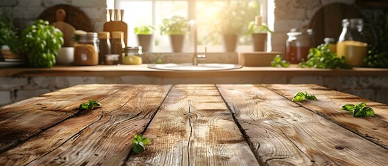 Wall Mural - Blurry kitchen background with wooden table for product display or design. Concept Product Photography, Background, Wooden Table, Blurry Kitchen, Design Display