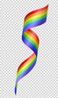 3d realistic bright curled rainbow ribbon isolated on transparent background. Wavy colorful tape with LGBTQ+ rainbow flag symbolizing love, inclusion and diversity, perfect for Pride month events.