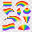 Collection of different vibrant colorful rainbow objects isolated on transparent background. Multicolored gradient spectrum shapes. Various realistic rainbows as LGBT flags for Pride month event