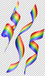 Set of realistic 3d vibrant rainbow streamers, coil ribbon serpentine on transparent background. Falling glossy spiral curled tinsel, festive confetti or ribbons with LGBT flag pattern for Pride month