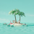 Summer tropical island with beach chairs, coconut palms and sun accessories in ocean. Summer travel concept. 3d render