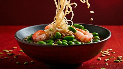 Wall Mural - Tasty delicious udon ramen with shrimps and green edamame beans on red background. Beautiful asian noodles food meal photography illustration wallpaper concept.