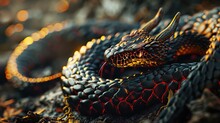 3D Black Snake With Horns And Red Scales Illustrations Of Reptile Fantasy Background