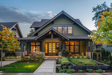 Wall Mural - A modern olive green craftsman cottage style home, featuring a triple pitched roof, bespoke landscaping, a straightforward sidewalk, and unparalleled curb appeal, blending seamlessly with nature.