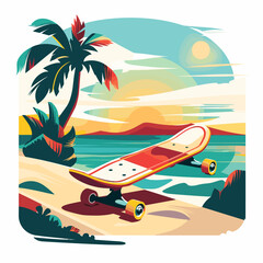 Wall Mural - A skateboard is sitting on the beach near the water