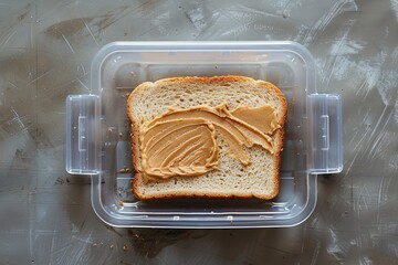 Wall Mural - top view of a peanut butter sandwich in a plastic lunchbox