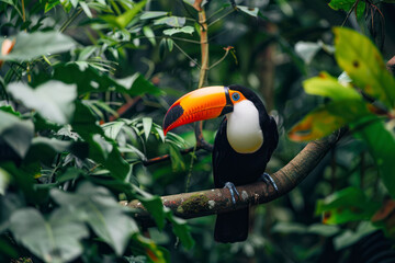 A toucan perches on a tree branch in the tropical rainforest.
