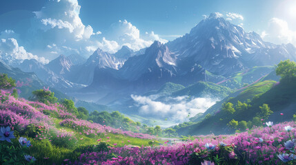 Wall Mural - A beautiful mountain landscape with a bright blue sky