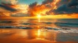 A golden sunset over the ocean, casting warm hues across the sky and reflecting on the sand of an empty beach. 