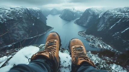 Wall Mural - hikers feet in boots resting on mountain peak overlooking stunning lake and fjord