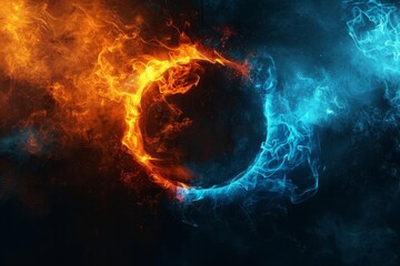 Wall Mural - fiery orange and icy blue circle in dramatic clash on black background ai generated abstract illustration