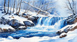 Waterfall in the forest covered by snow in winter season, watercolor painting style, generative AI.