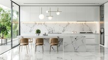 Luxurious Modern White Kitchen With Marble Island And Dining Table 3d Interior Rendering