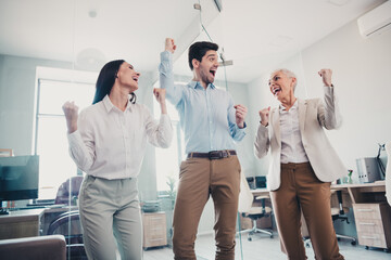 Poster - Photo of business people colleagues support raise fists up in office