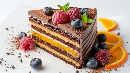 Wall Mural - Delicious food photography of a orange and chocolate and berry cake