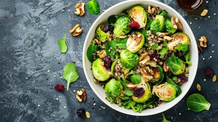 Fried brussels sprouts salad with quinoa, cranberries and nuts in a white bowl.