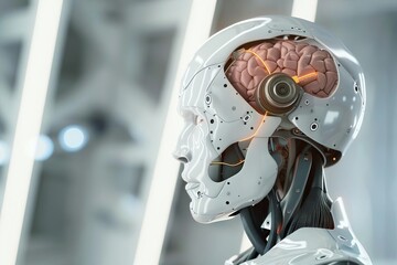 Poster - futuristic humanoid robot with synthetic brain artificial intelligence concept 3d rendering