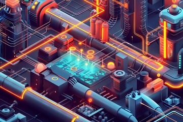 Wall Mural - futuristic neon isometric factory with glowing flowchart elements industrial illustration