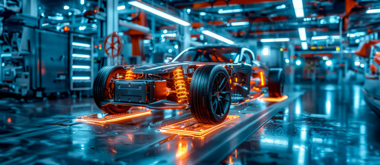 Futuristic race car in high-tech facility