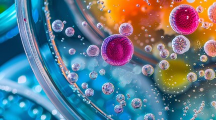 Wall Mural - microscopic view of colorful bacteria and viruses in petri dish abstract scientific background