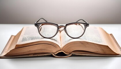 Old glasses on an open book with minimalist background