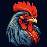 Fototapeta Koty - Colorful rooster head on black background., Farm animals. Illustration, Generative AI.