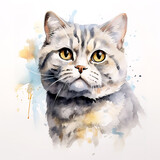 Fototapeta Koty - Image of watercolor painting of scottish fold cat head on a clean background. Pet. Animals. Illustration. Generative AI.
