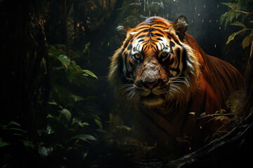 Wall Mural - A large and formidable tiger in the deep forest. Wildlife Animals. Illustration, Generative AI.