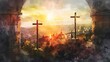 Sunrise Over Golgotha: Digital Watercolor Illustration of Three Crosses from Holy Sepulchre