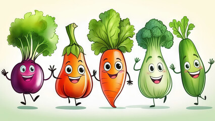 Funny cartoon vegetable characters with various face expression. Healthy funny food showing different emotions. watercolor illustration 