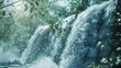 A crystal-clear waterfall cascading down, the water droplets glistening and swaying in the sunlight, suitable for a nature tourism ad. 