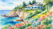 Modern house on a cliff  by the sea surrounded with forest and flowers blossom, watercolor painting style, generative AI.
