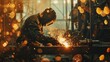 sparks of creation skilled welder crafting metal artwork in industrial setting with bokeh background digital painting