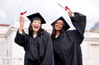 © peopleimages.com - Women, friends and graduation with certificate, portrait or cheers for support, goals and education at college. Girl, students and happy with diploma for achievement, success or celebration at campus