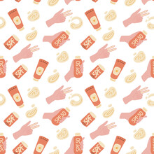 Sun Safety Seamless Pattern. Tubes And Bottles Of Sunscreen Products With Different SPF: Cream, Lotion, Lipstick, Spray. Hand Drawn Summer Cosmetic And Different Sun Glasses. Skin Protection.
