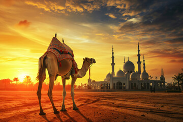 Wall Mural - Photo camel with mosque in beautiful islamic background