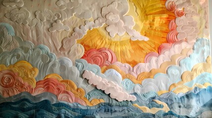 Colorful paper applique in the form of clouds and flowers, Generative AI illustrations.