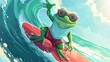 illustration of a cartoon frog on a surfboard in the sea, Generative AI illustrations.