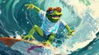 Frog skier on a surfboard in the water, Generative AI illustrations.