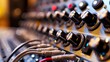 A close up of a modular synthesizer with patch cables.