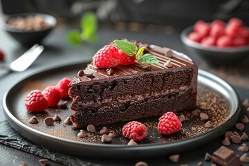 Wall Mural - Plate with slice of tasty homemade chocolate cake on table