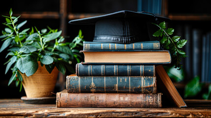 Sticker - Graduation day. A mortarboard on stack of vintage books on a table in the library. Education, learning, library concept. Graduation hat on books. Courses, higher education, study, knowledge