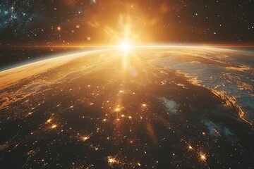the sun rising over the earth as seen from space.