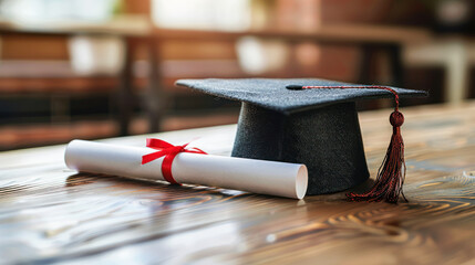 Wall Mural - Graduation day, party. A mortarboard and diploma scroll on a table in classroom. Education, learning concept. Courses, higher education, study, knowledge. Graduation hat and students diploma on desk