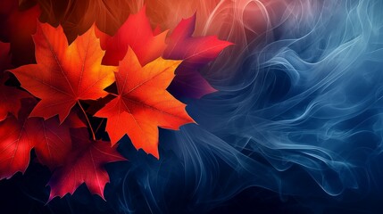 orange and red maple leaves and blue smoke. 