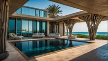 A Luxurious Swimming Pool Surrounded By Large Windows Overlooking The Ocean. The Pool Has A Regular Rectangular Shape With Elegant Curved Edges. Loungers Are Spread Around The Pool, Providing The Perf