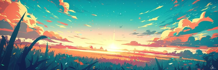 Wall Mural - cartoon style background withe bright colors, sky with clouds and stars