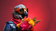 Hyperrealistic cyberpunk African parrot bird character wearing sunglasses and leather jacket holding bouquet of pink and yellow flowers on minimal red background. Modern pop art illustration